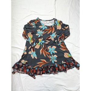 20. LOGO by Lori Goldstein Knit Long-sleeve Tunic shirt Floral Ruffles Sz L